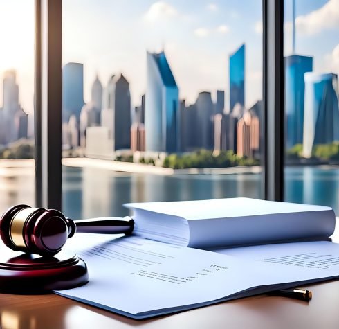 Gavel and House Model on Table Urban Property Law Background Image